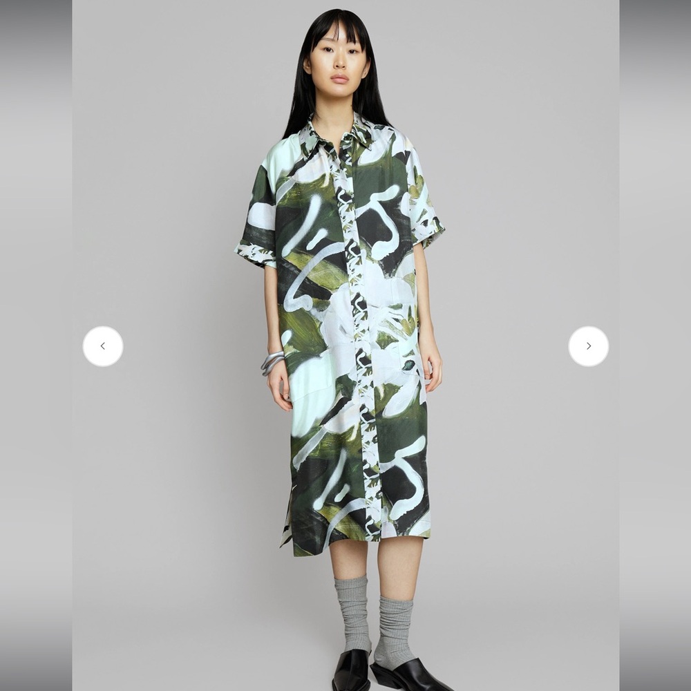 Munthe Ellioh Silk Button Up Midi Dress in Army Green Floral, Size Medium